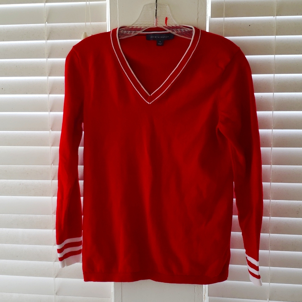 Tommy Hilfiger sweater, red w/ white trim. Size M
